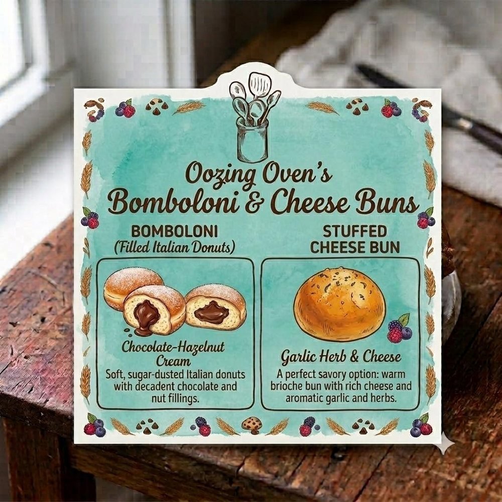 Oozing Oven bomboloni and stuffed cheese buns card