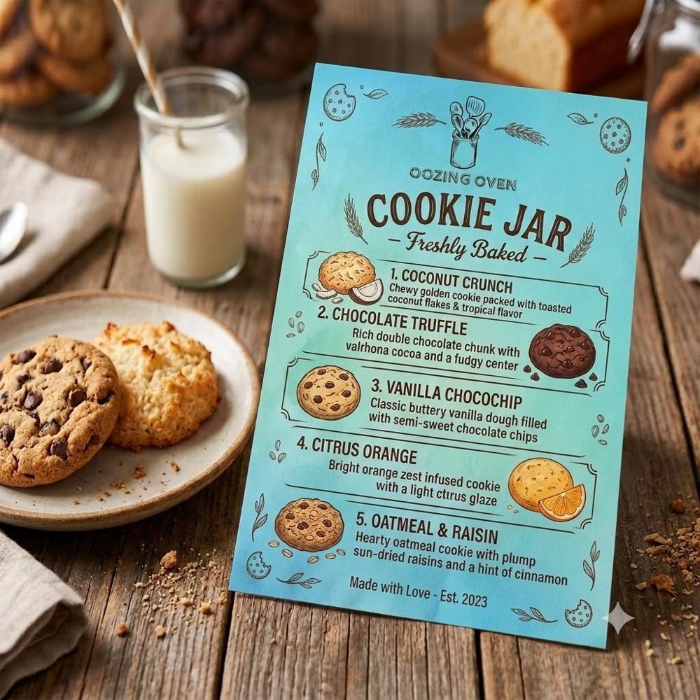 Oozing Oven Cookie Jar menu card with five cookie flavours